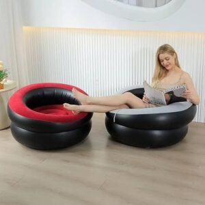 Single Inflatable Air Chair with Ottoman Footrest – Black and Red Portable Lounge Chair